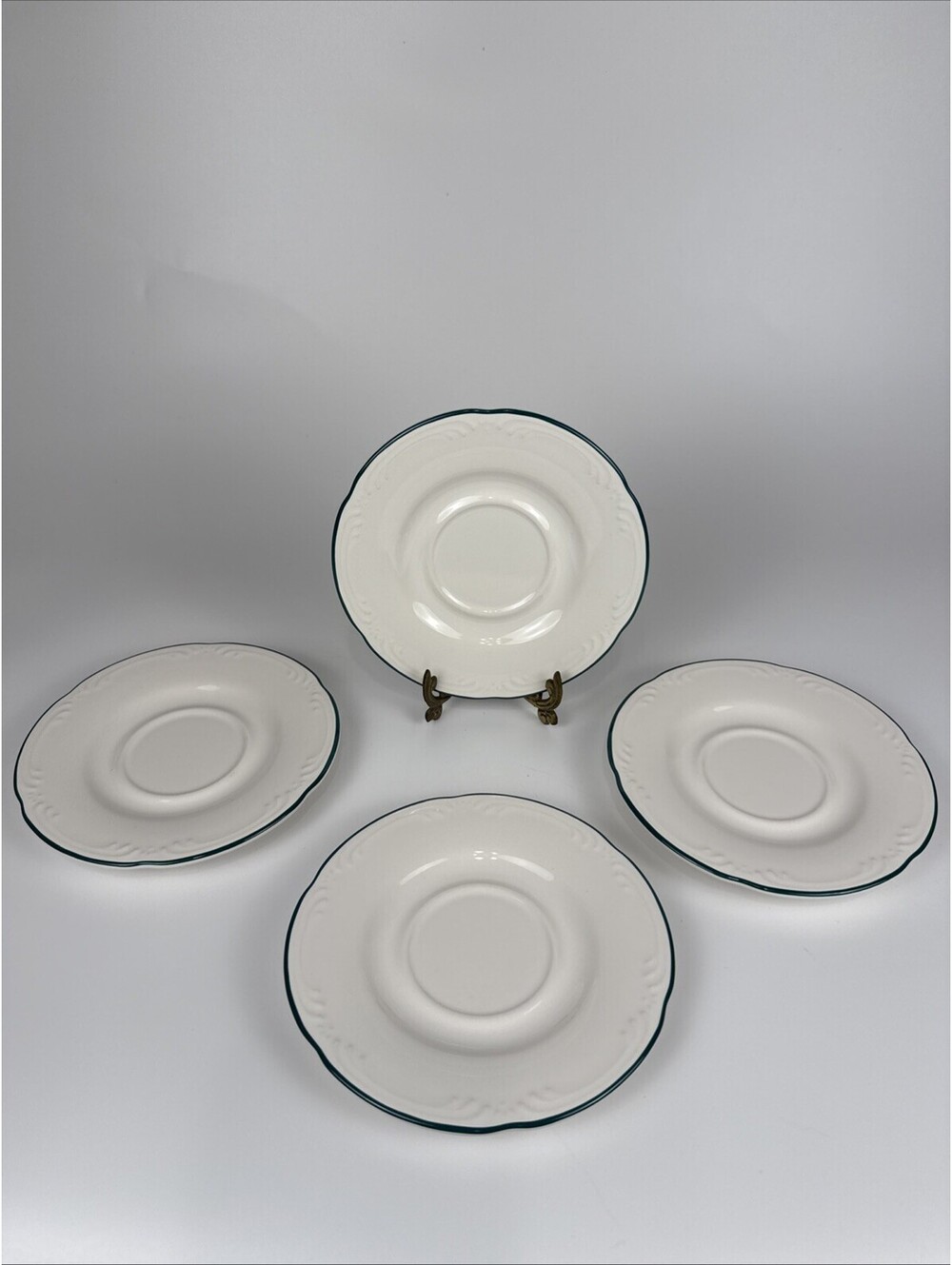 Pfaltzgraff Village Saucer USA Pottery Ivory Green Trim Vintage Stoneware Set -4